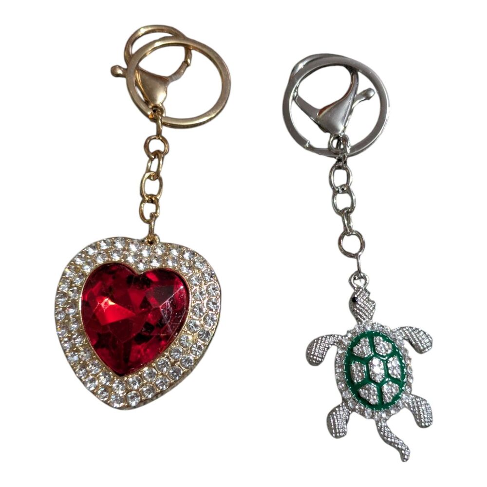 Rhinestone Heart & Sea Turtle Keychain Lot of 2